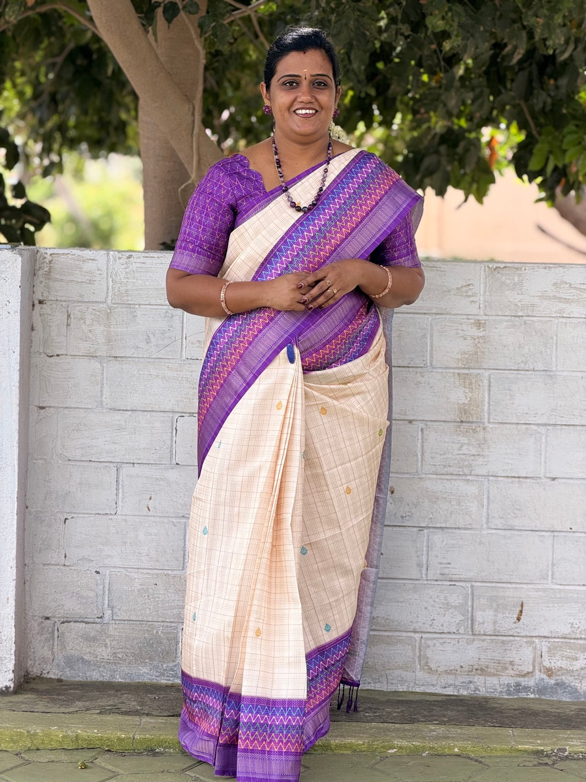 Ivory Silk Saree with Blue Border