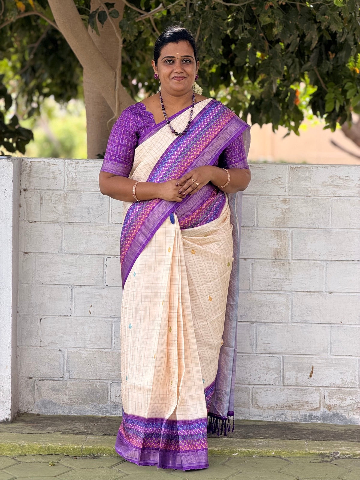 Ivory Silk Saree with Violet Border