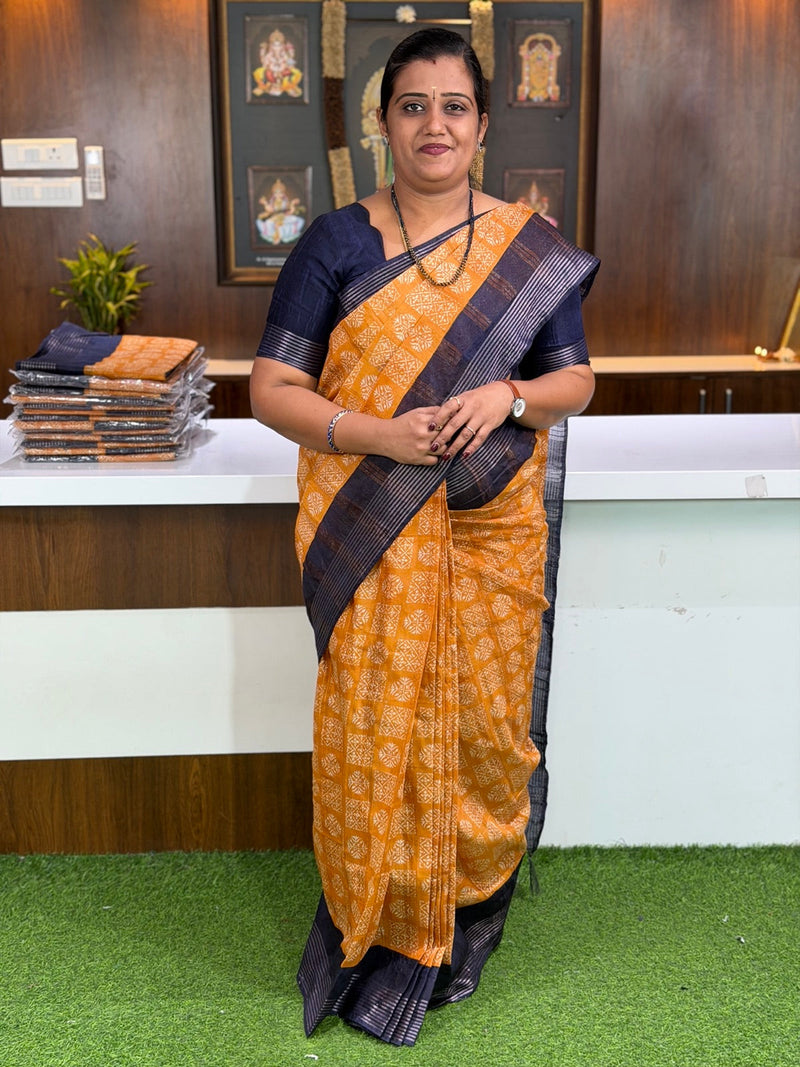 Mustard Silk Saree with Navy Border