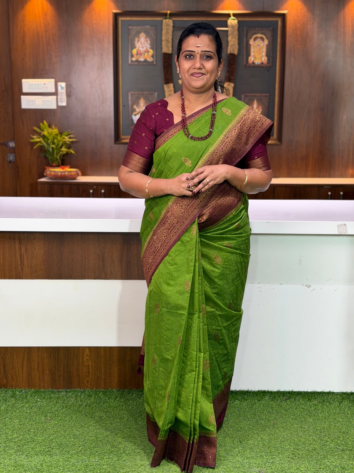 Parrot Green Silk Saree with Maroon Border