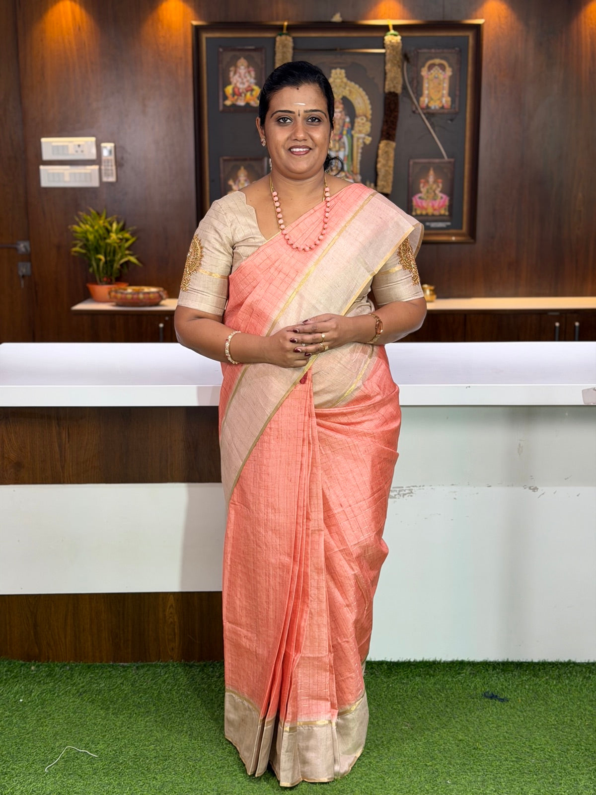 Peach Silk Saree with Gold Zari Border — alternate view