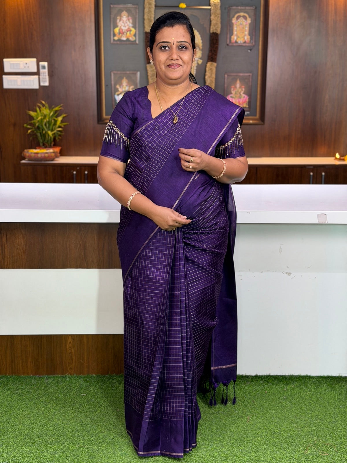 Deep Purple Checked Silk Saree — alternate view