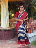 Red and Blue Striped Silk Saree
