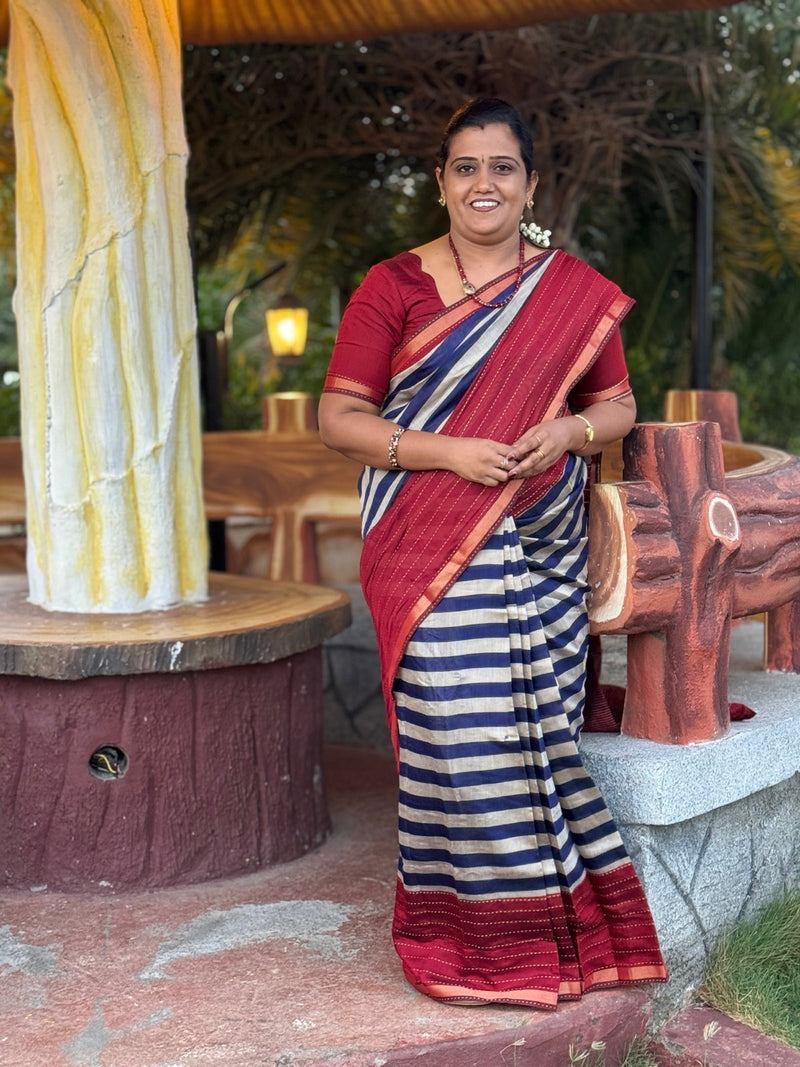 Red and Blue Striped Silk Saree