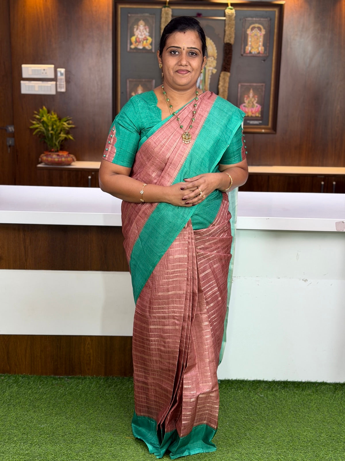 Rose Pink Silk Saree with Green Border