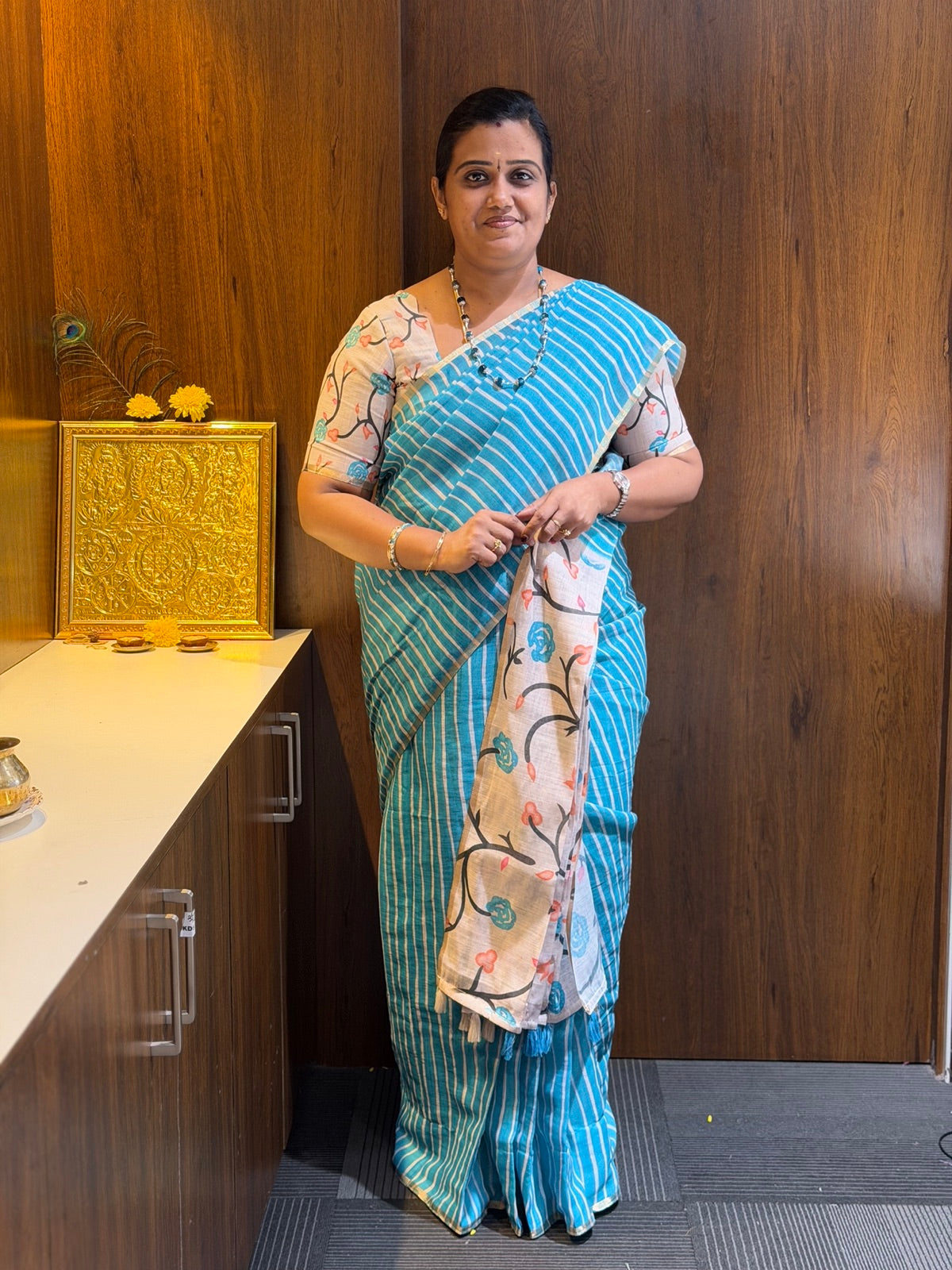 Teal Striped Saree with Printed Pallu
