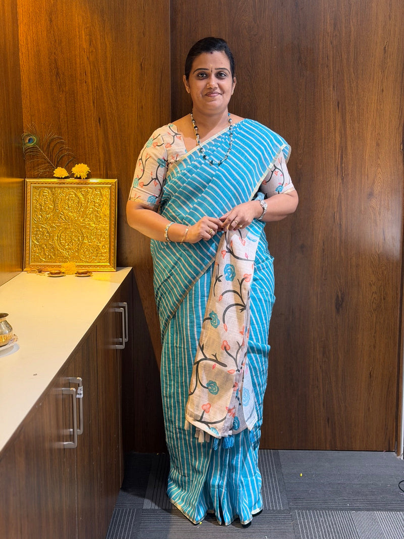 Teal Striped Saree with Printed Pallu