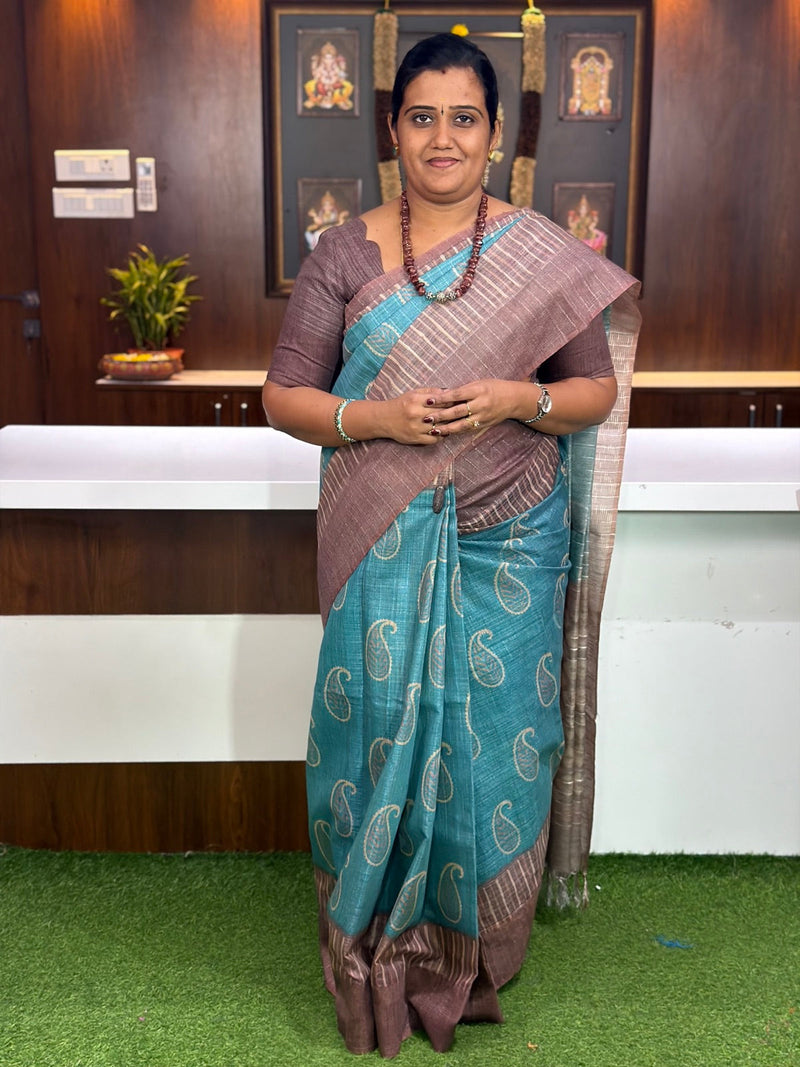 Turquoise Silk Saree with Contrast Border