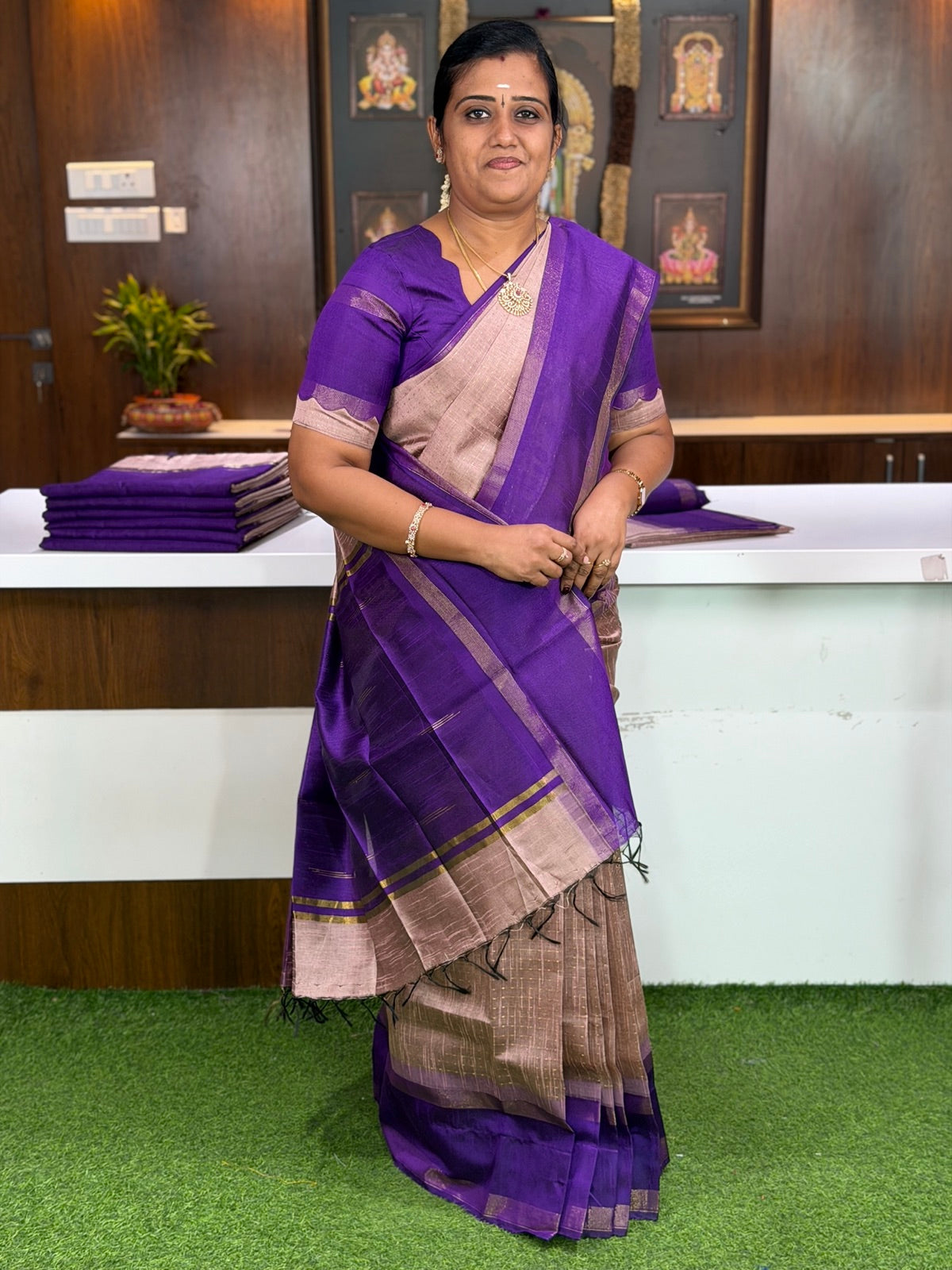 Violet Silk Saree with Gold Zari Border